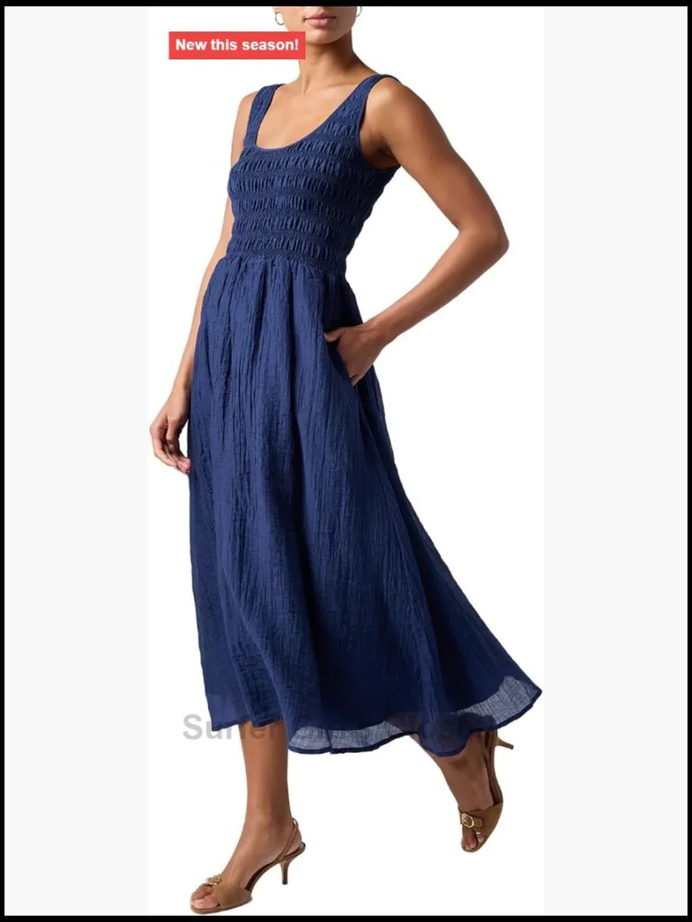 Smocked Midi Dress with Pockets Flowy A-Line Casual Cottagecore